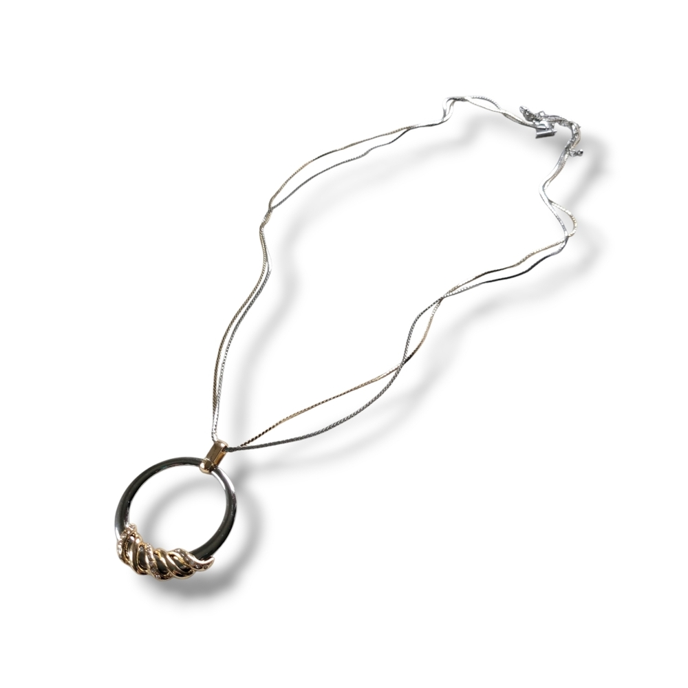 WHBM | Elegant Silver/Gold Tone Crystal Accent Circle Pendant Necklace - Picture 2 of 12